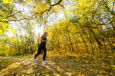 Genç mutlu kadın koşucu eğitimi güneşli sonbahar parkında