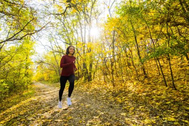 Genç mutlu kadın koşucu eğitimi güneşli sonbahar parkında