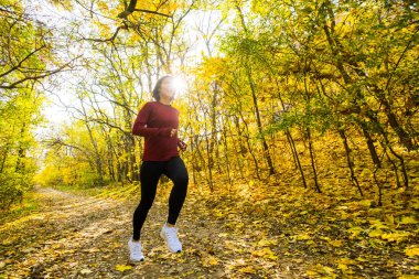 Genç mutlu kadın koşucu eğitimi güneşli sonbahar parkında
