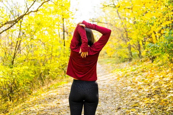 Young Happy Woman Runner Training Sunny Autumn Park — Stock Photo, Image