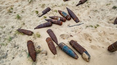 Çölde eski paslı top mermisi ve uçak mermisi.