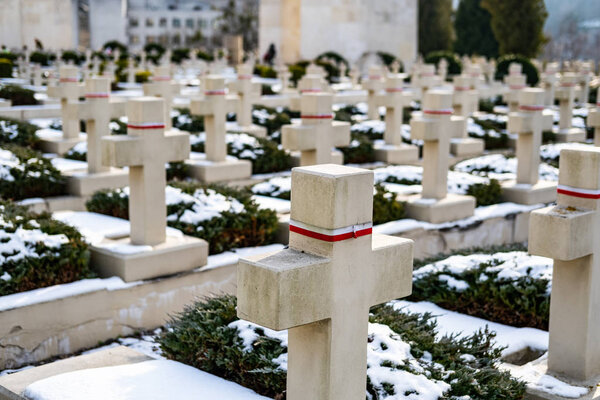 Lviv, Ukraine - December , 2019 : Lychakiv Cemetery, historic cemetery with many architectural monuments of 18-20 centuries and graves of cultural and scientific figures of Ukraine and Poland