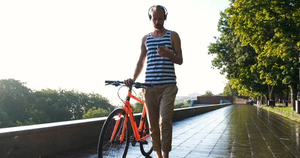 Young Handsome Male Colorful Bicycle Headphones Listen Music Ride Summer — 스톡 사진