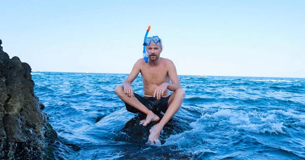 Young Male Swimmer Snorkling Glasses Dive Summer Sea — 스톡 사진