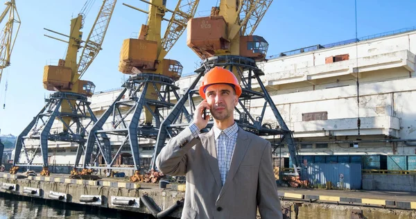 Young male worker of sea harbor in helmet, cargo manager in suit and halmet works outdoor , cranes and sea background