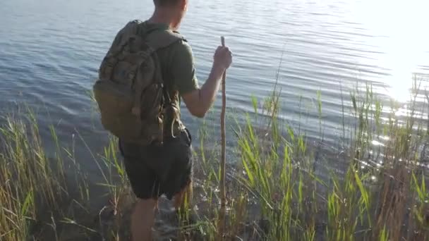 Young Male Backpack Wooden Hiking Staff Crossing Big River Summer — 图库视频影像