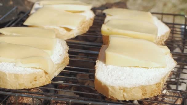 Cuisson Pain Grillé Fromage Sur Gril Dans Camp Touristique — Video