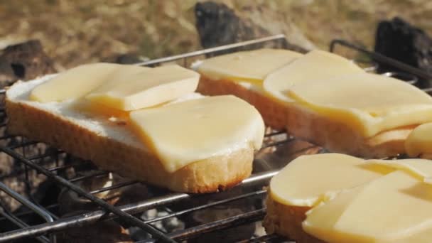 Ψήσιμο Φρυγανισμένο Ψωμί Τυρί Στη Σχάρα Στην Τουριστική Κατασκήνωση — Αρχείο Βίντεο