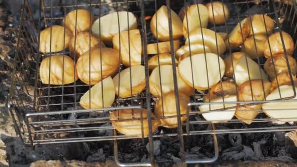 Kochen Von Gemüse Feuer Picknick Freien — Stockvideo