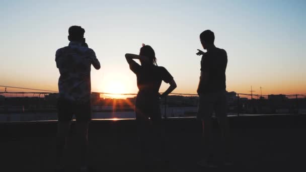 Grupo Jóvenes Felices Azotea Viendo Hermoso Atardecer — Vídeos de Stock