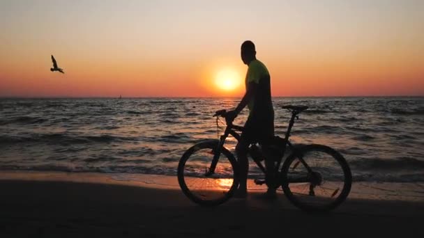 Silhouette Giovane Maschio Con Bicicletta Sulla Spiaggia Del Mattino Durante — Video Stock