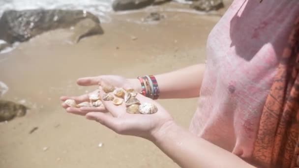 Deniz kabuklarını tutan kız — Stok video
