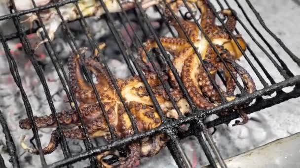 Octopus cooking on grill — Stock Video