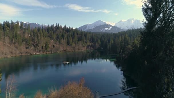 Hermoso lago en el bosque con montañas — Vídeo de stock