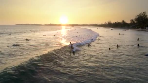 Luchtfoto Beelden Van Een Surfer Surfen Tijdens Zonsondergang Bay Weligama — Stockvideo