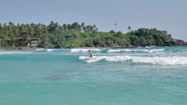 Νεαρή Γυναίκα Surfer Κύματα Του Μπλε Του Ωκεανού Καταπράσινες — Αρχείο Βίντεο
