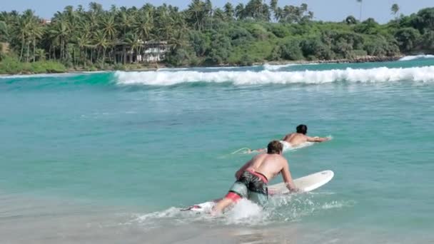 Jovens Surfistas Fato Banho Nadando Água Azul Oceano Weligama — Vídeo de Stock