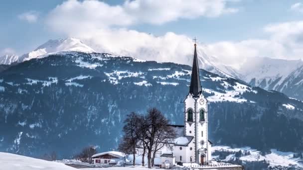 Church Winter Mountains Swiss Timelapse — Stock Video