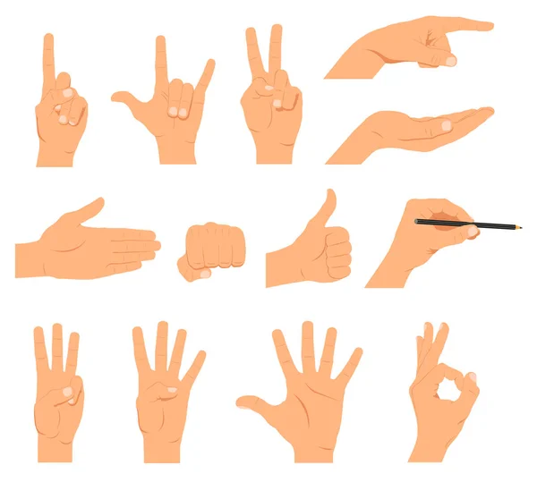 Conjunto de manos, diferentes gestos emociones y signos - vector de stock — Vector de stock