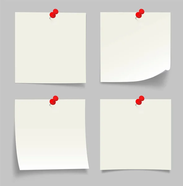 Kolekce bílých poznámky papíry s ohnutým rohem, s červeným tlačítkem, připraven na vaše zprávy - Stock Vector. — Stockový vektor