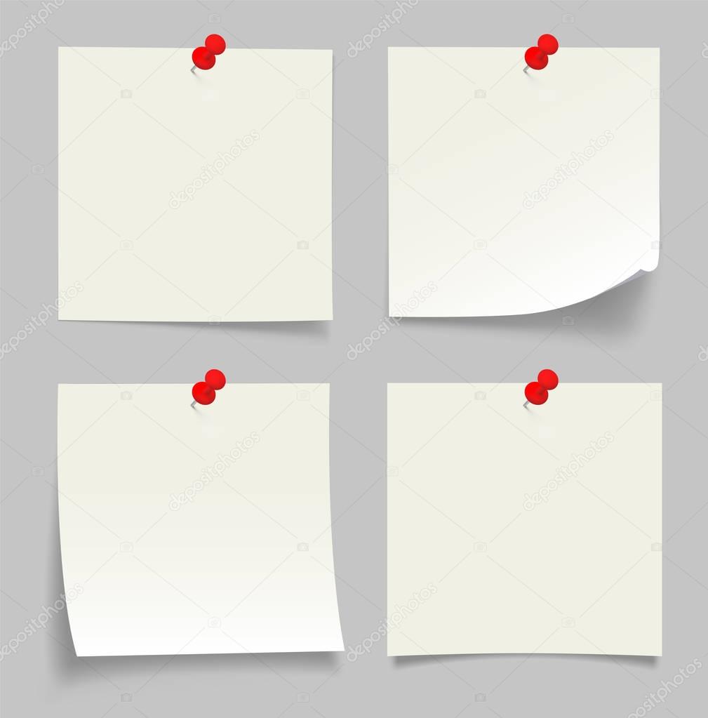 Collection of white note papers with bent corner, with the red button, ready for your message - Stock Vector.