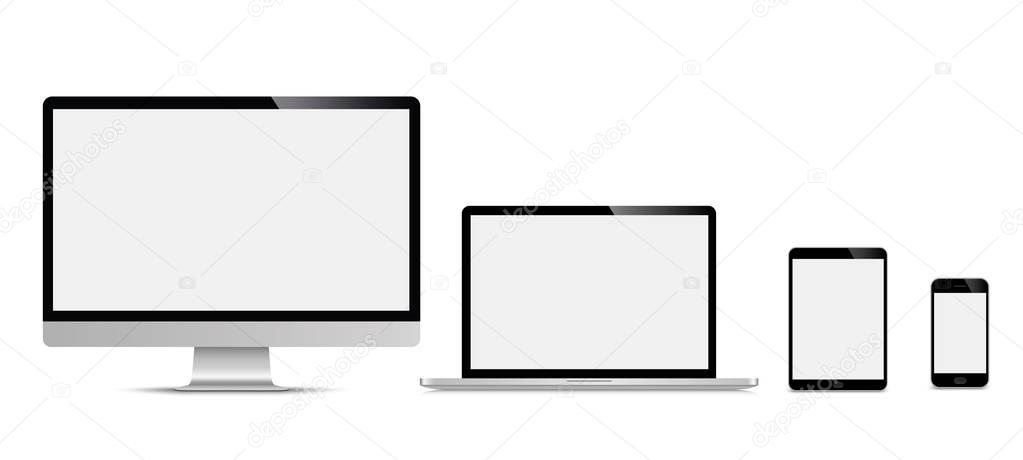 Computer display, monitor, realistic set, 3D, isolated - stock vector.