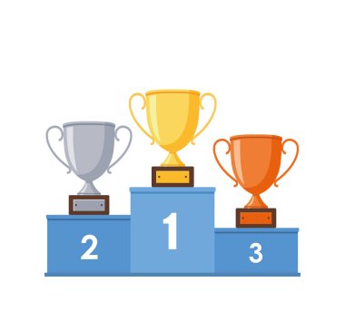 Kazanan podyum ile altın, gümüş ve bronz cups - hisse senedi vektör.