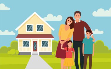 Mutlu genç aile kendi evinizin yakınında. Baba, anne, oğlu ve kızı. -düz stil içinde hisse senedi vektör.