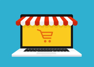 Online alışveriş kavramı. Tente - hisse senedi vektör ile dizüstü bilgisayar.
