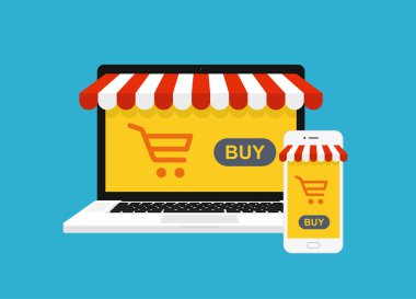 Online alışveriş kavramı. Bilgisayar ve tente - vektör arka plan ile smartphone.