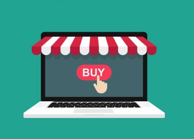 Online alışveriş kavramı. Tente - hisse senedi vektör ile dizüstü bilgisayar.