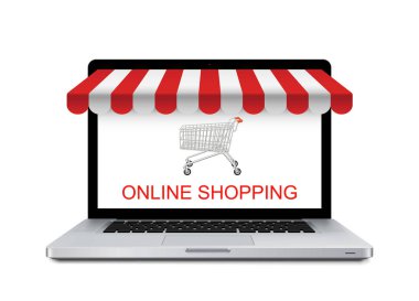 Online alışveriş kavramı. Tente - hisse senedi vektör ile dizüstü bilgisayar.
