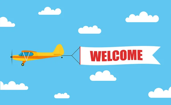 Banner publicitario volador, extraído por aviones ligeros con la inscripción "BIENVENIDO" - vector de stock . — Vector de stock