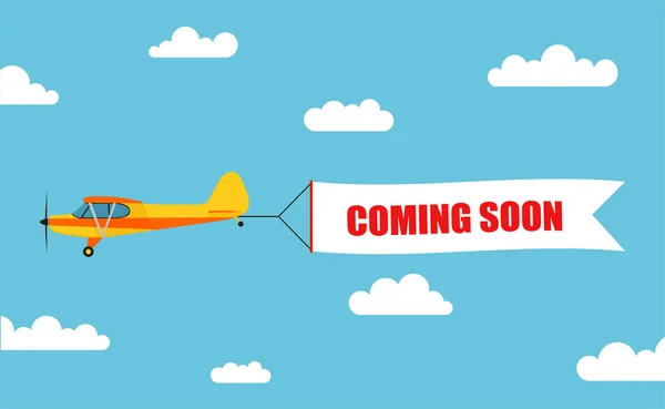 Летючий рекламний банер, витягнутий легким літаком з написом "COMING SOON" - фондовий вектор . — стоковий вектор