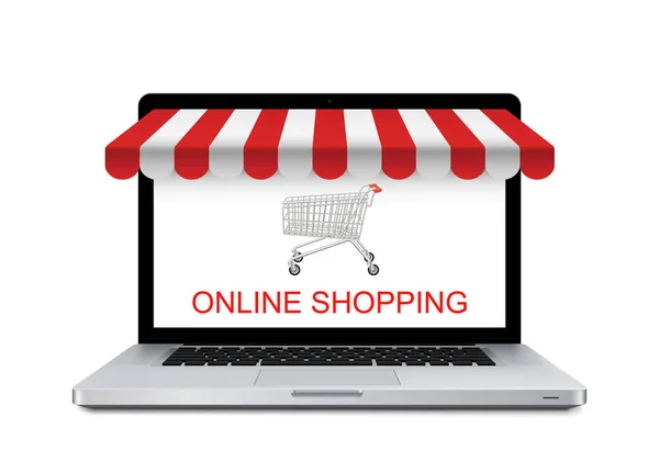 Online shopping koncept. Laptop med markis - Lager vektor. — Stock vektor