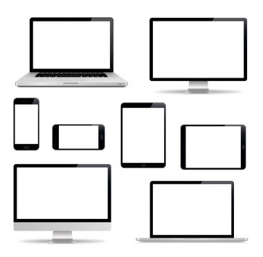 Monitör, dizüstü bilgisayar, tablet, smartphone gerçekçi kümesi. Aygıt koleksiyonu - hisse senedi vektör