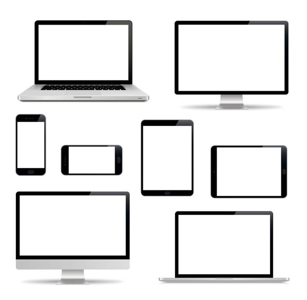 Реалистичный набор мониторов, ноутбуков, планшетов, смартфонов. Коллекция устройств - Stock Vector
