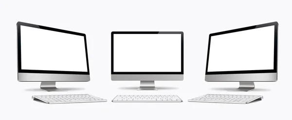 Desktop-Computerbildschirm mit Tastaturvektor isoliert, Monitor, realistisch, 3D, isoliert - Aktienvektor. — Stockvektor