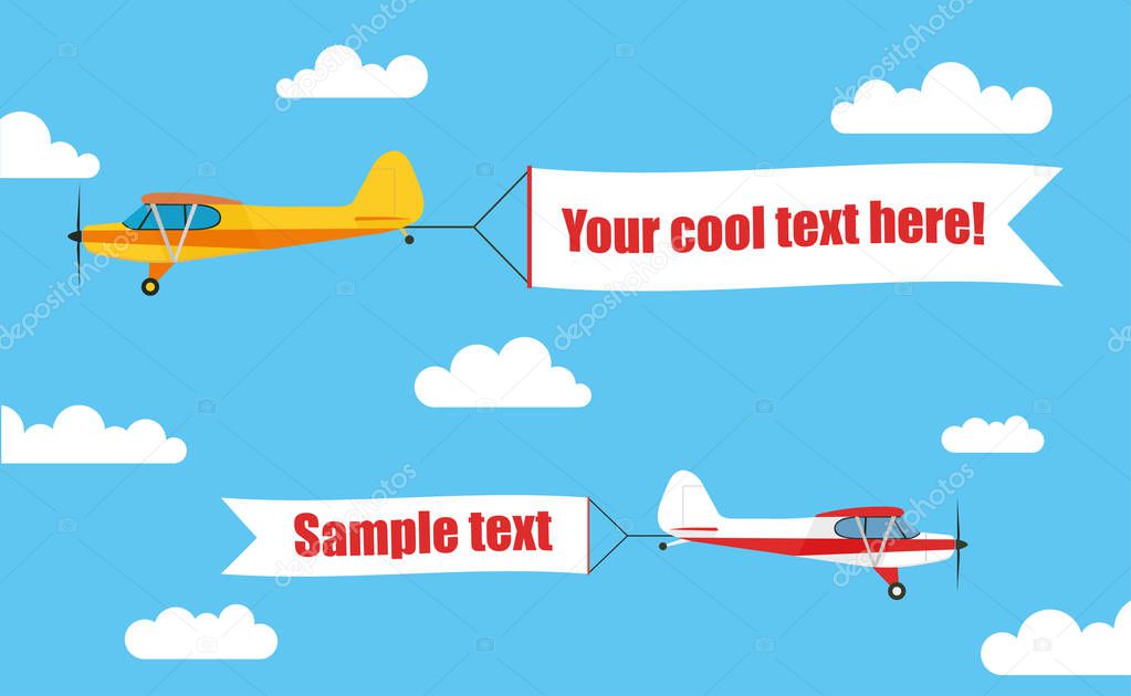 Flying advertising banners, pulled by a light aircraft with your text - stock vector.