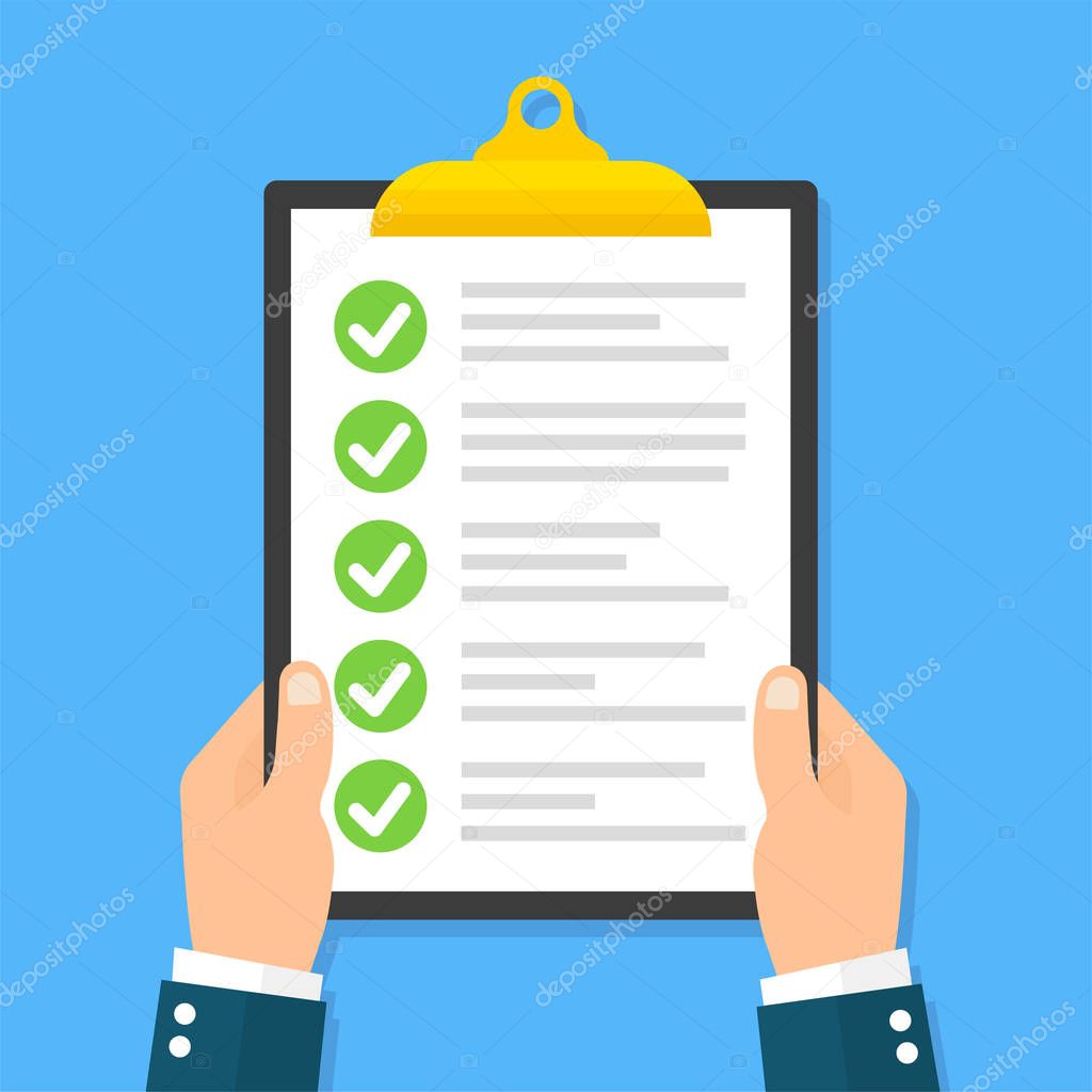 Businessman hands holding clipboard checklist in a flat - stosk vector.