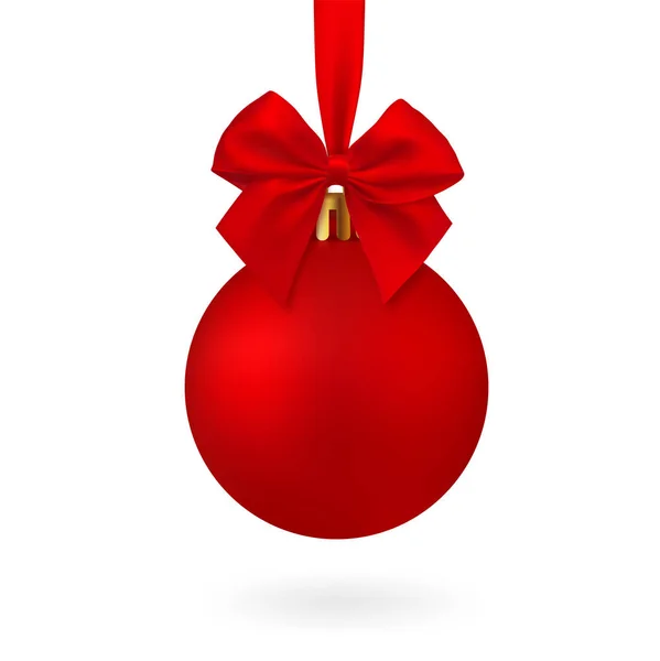 Bola de Navidad roja realista con cinta y lazo, aislado sobre fondo blanco - vector de stock . — Vector de stock