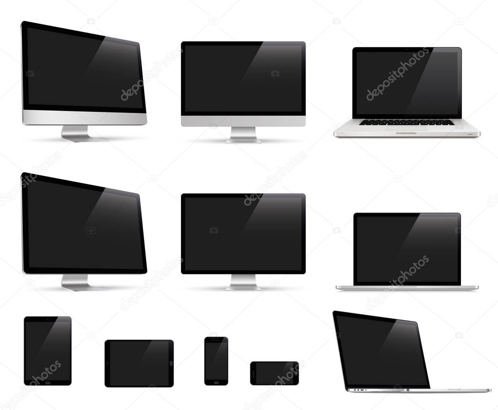 Big Realistic set of monitor, laptop, tablet, smartphone. Device collection - Stock Vector