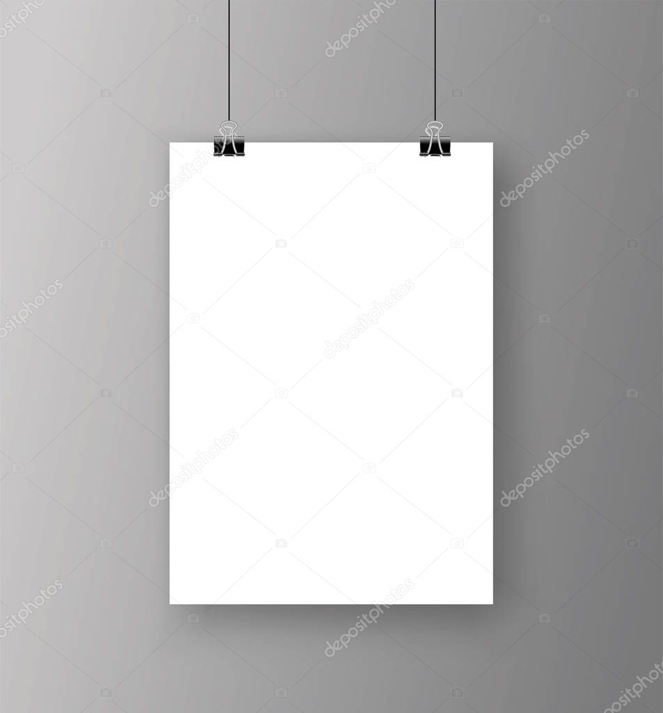 Empty A4 sized vector paper frame mockup hanging with paper clip - stock vector.