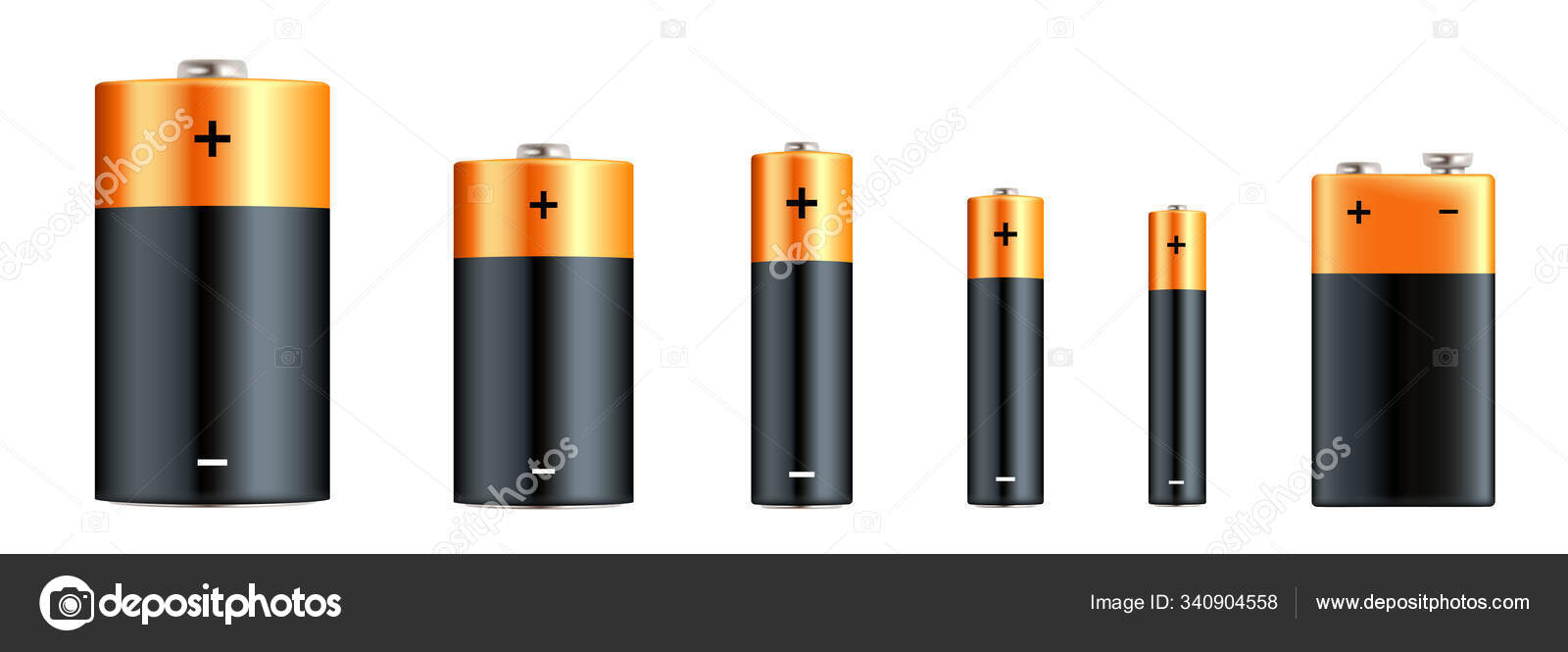 Alkaline batteries realistic set. Types of batteries. Size - D, C, AA, AAA,  AAAA, PP3. Alkaline battery set with diffrent size - stock vector. Stock  Vector by ©Comauthor 340904558