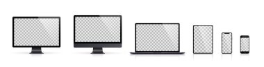 Gerçekçi Monitör seti, dizüstü bilgisayar, tablet, akıllı telefon koyu gri renk - Stok Vektör.