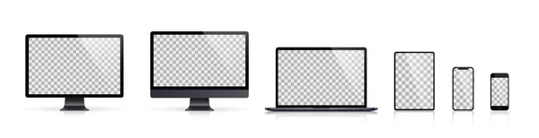 Conjunto Realista Monitor Ordenador Portátil Tableta Teléfono Inteligente Color Gris — Vector de stock