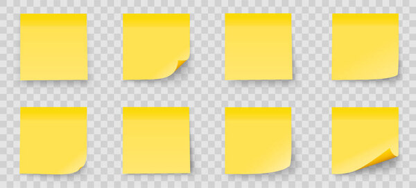 Realystic set stick note isolated on transparent background. Yellow color. Post it notes collection with shadow - stock vector.