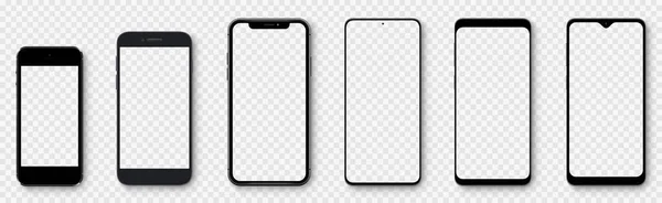 Modelli Realistici Smartphone Con Schermi Trasparenti Collezione Mockup Smartphone Vista — Vettoriale Stock