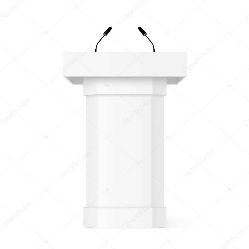 3D Podium tribune with microphones. Realistic vector mockup with shadow. Rostrum stand. White debate podium. Pupitre discours. Stage stand isolated on white background - stock vector.