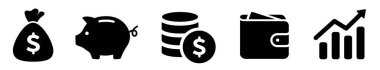 Finans simgeleri. İş simgeleri, para işaretleri. Para silueti koleksiyonu. Kart ikonlu cüzdan. Bozuk para silueti simgesi. Büyüme çizelgesi. Para çantası ya da zula. Domuz kumbarası düz stil - hisse senedi vektörü.
